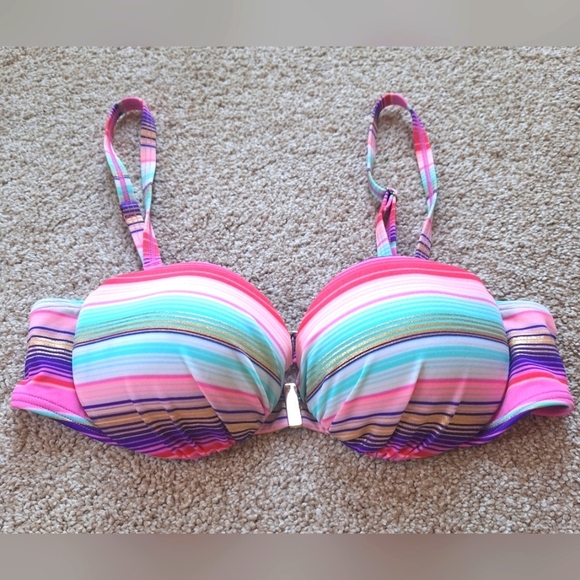 Victoria Secret Bikini Set Multicolor Stripes High Waist Womens Top 34B Bottom S - Picture 1 of 10